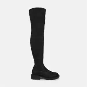 image of Missguided Flat Cleated Otk Sock Boot - Faux Suede - Black