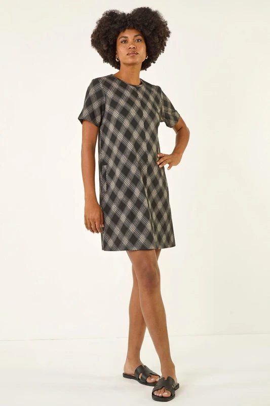 Image of Roman Womens Check Print T-Shirt Stretch Dress in Grey Size: 20 Grey Female 20