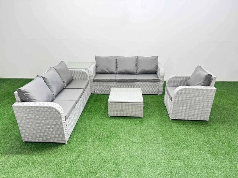 Image of Fimous 7 Seater Poly Rattan Outdoor Garden Furniture Square Coffee Table Sofa Set Patio 3 Seater Sofa Reclining Chair 3 Seater Sofa Side Table Light G
