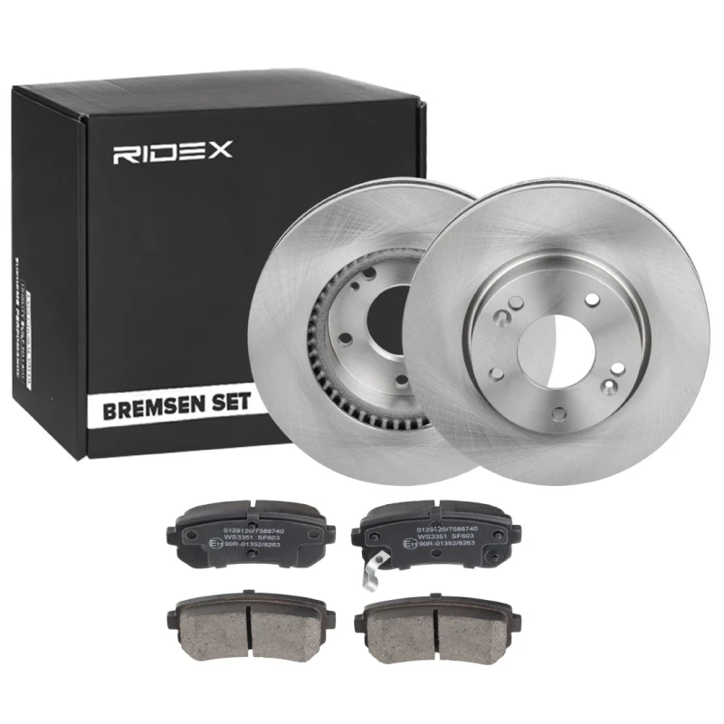 Image of RIDEX 3405B1486 Brake disc and pads set Rear Axle, Brake Disc Type: Vented, with acoustic wear warning Brake Set,disc brakes (3405)