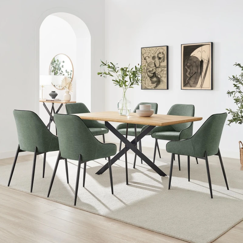 Image of FurnitureboxUK FurnitureboxUK Leonardo Oak Effect Dining Table & 6 Beaumont Green Fabric Chairs in Brown Brown One Size Unisex 5056784315408