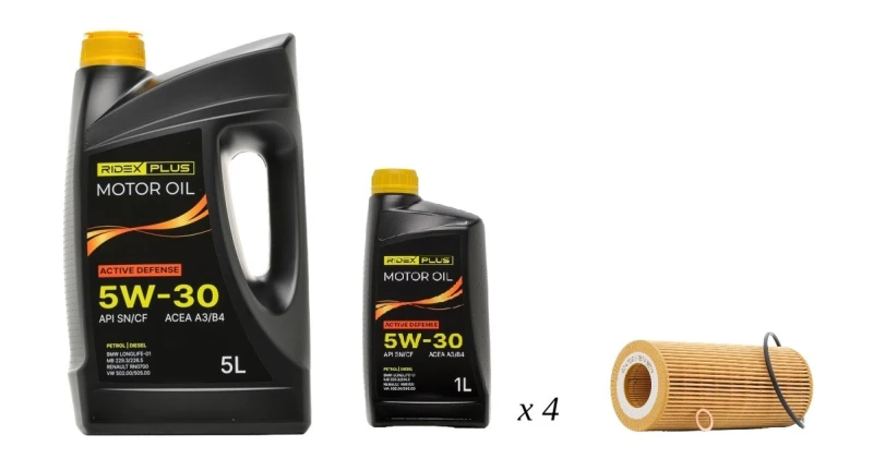 Image of RIDEX PLUS 100908O0027P Oil change kit (oil filter + engine oil) Oil change kit (oil filter + engine oil) (100908)