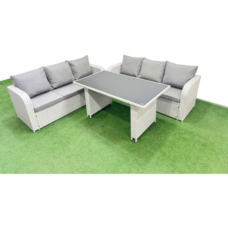 Image of Fimous 6 Seater Rattan Outdoor Dining Table 3 Seater Sofa Set Light Grey Light Grey Unisex