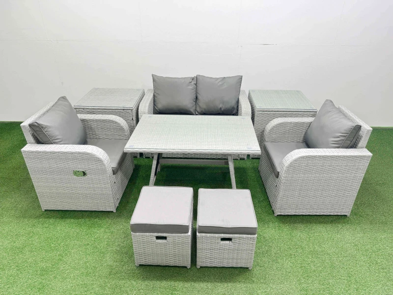 Image of Fimous Light Grey PE Rattan Garden Furniture Set Reclining Chair 2 Side Table Light Grey Unisex