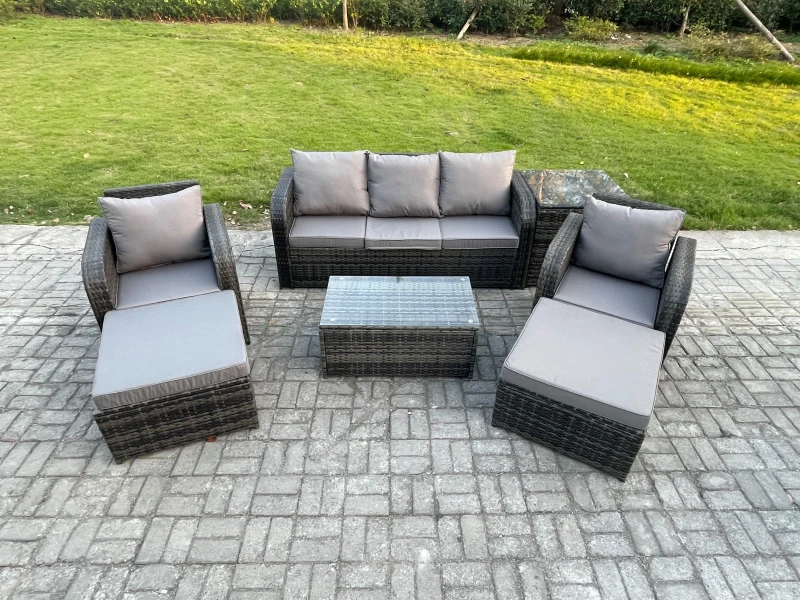 Image of Fimous 7 Seater Rattan Garden Furniture Set Patio Outdoor Lounge Sofa Set with Rectangular Coffee Table 2 Big Footstool Dark Grey