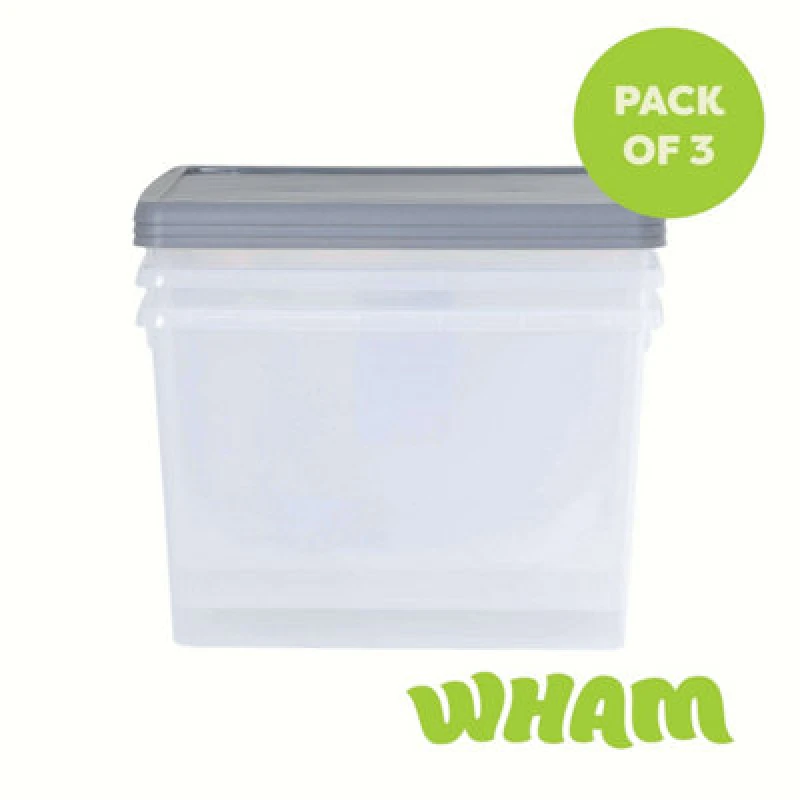 Image of 3 X Wham Box 50L Stackable Plastic Storage Archive Box & Lid Clear/steel
