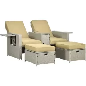 Image of Recliner Rattan Sun Lounger w/ Storage Tea Table & Footstools, Beige - Beige - Outsunny