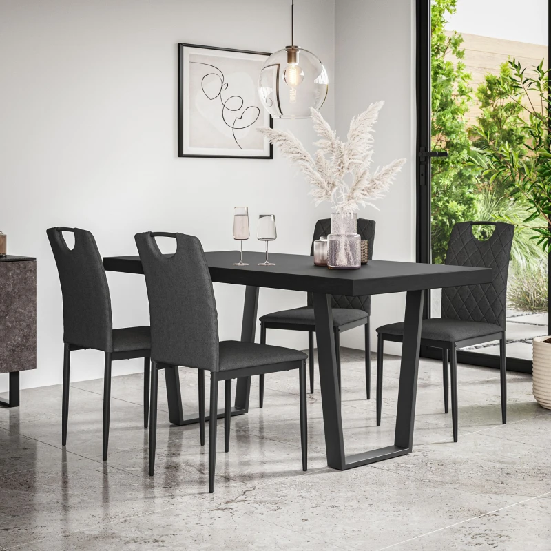 Image of More4Homes Aria Dining Table And Chairs - Black Table Top W Black Legs + Monza Linen Dining Chair Set Of 4 (Charcoal)