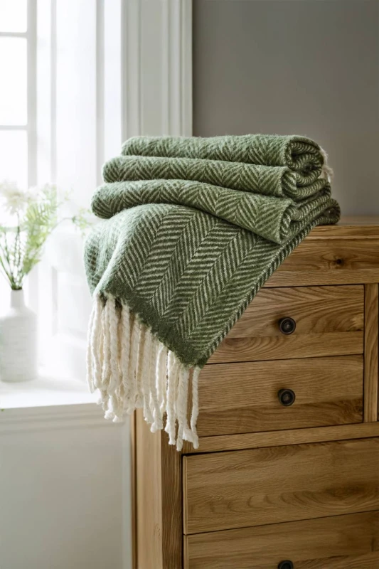 Image of The Lyndon Company Supersoft Moorland 100% Brushed Wool Jacquard Throw Green