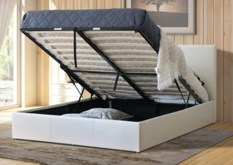 Image of Modernique Modernique Leather Ottoman Storage Bed with Wooden Slatted Gas Liftup Base. in Off White Size: Single Off White Single Unisex 46738026243