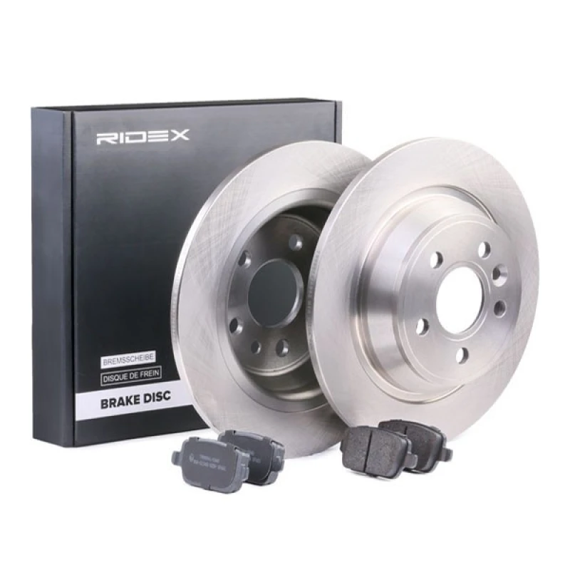 Image of RIDEX 3405B0043 Brake disc and pads set Rear Axle, Brake Disc Type: Solid Brake Set,disc brakes (3405)