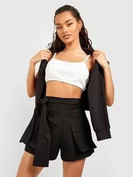 Image of Boohoo Tie Waist Cargo Pocket Short - Black, Size 10, Women