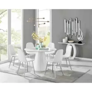 Image of Furniture Box Palma White High Gloss Round Dining Table and 6 White Corona Silver Chairs