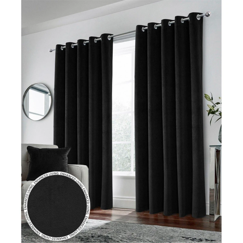 Image of Enhanced Living Velvet, Supersoft, 100% Blackout, Thermal Pair of Curtains with Eyelet Top - Black Black