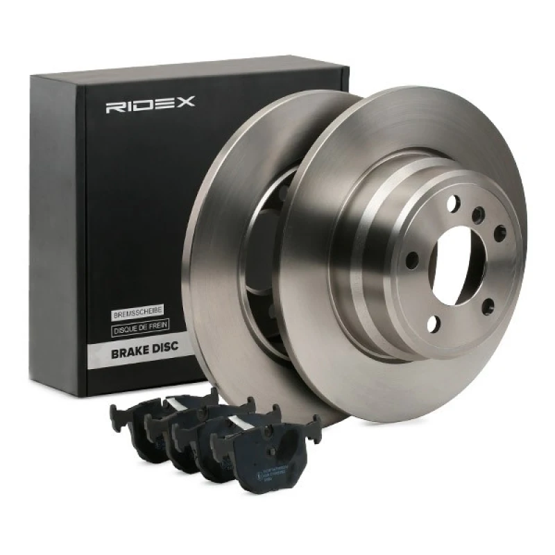 Image of RIDEX 3405B1065 Brake disc and pads set Rear Axle, Brake Disc Type: Solid, prepared for wear warning indicator, with anti-squeak plate Brake Set,disc