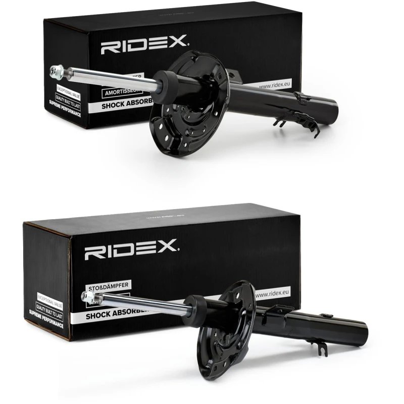 Image of RIDEX 854S19196 Shock absorber Front Axle Left, Gas Pressure, Twin-Tube, Suspension Strut, Bottom Clamp Shock Absorber (854)