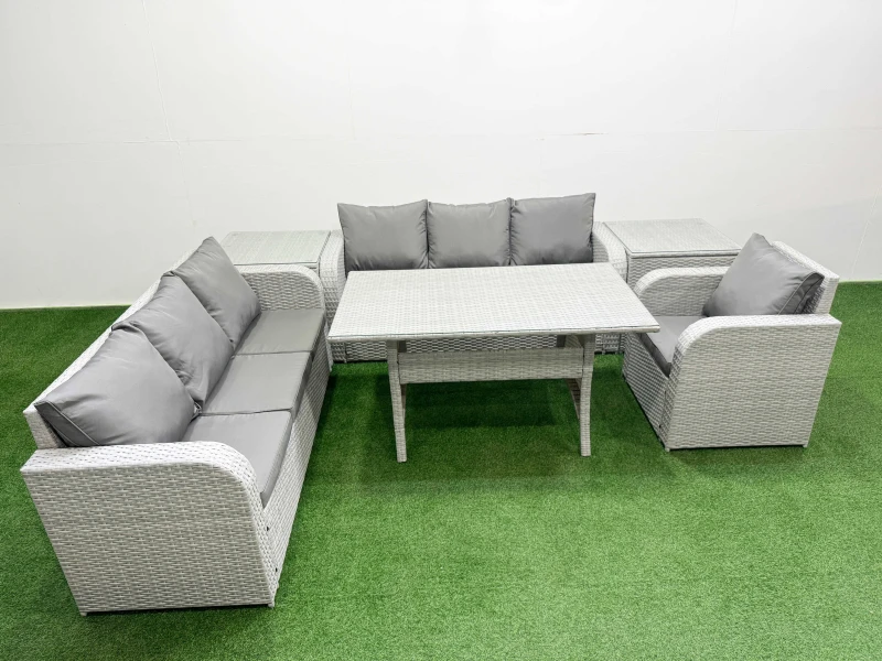 Image of Fimous 7 Seater Poly Rattan Outdoor Garden Furniture Rectangular Dining Table Sofa Set Patio 3 Seater Sofa Reclining Chair 3 Seater Sofa 2 Side Table
