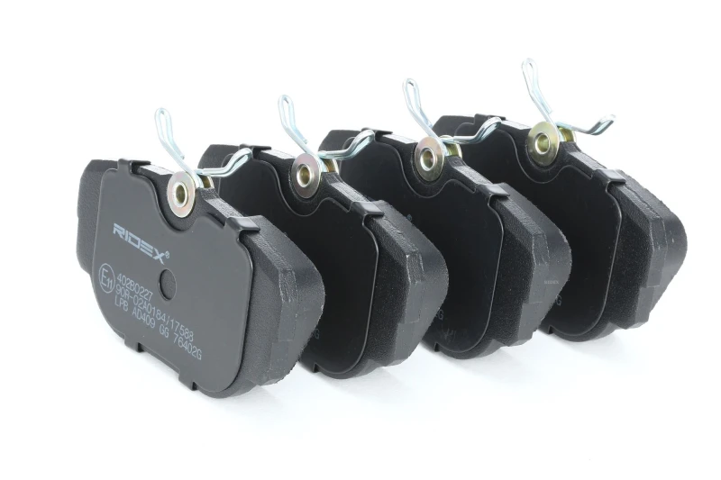 Image of RIDEX 402B0227 Brake pad set Front Axle, not prepared for wear warning indicator, with spring, with anti-squeak plate Brake Pad Set,disc brake (402)