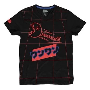 image of Nintendo - Neon Japanese Chain Chomp Grid All-Over Print Mens Large T-Shirt - Black