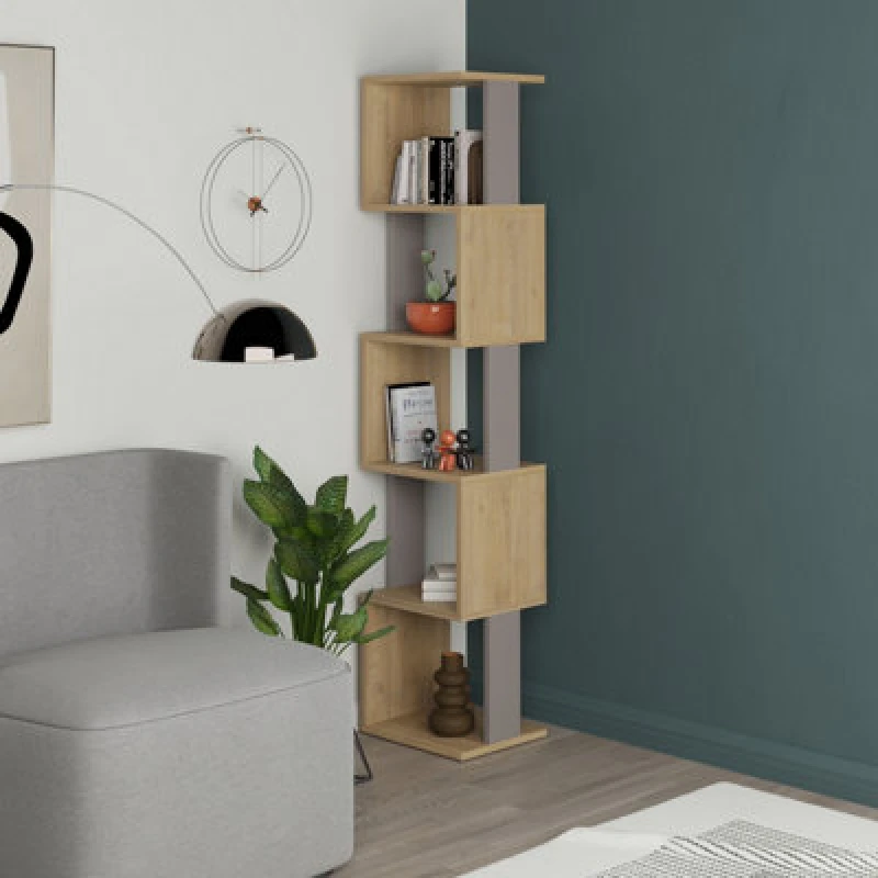 Image of Decortie Piri Oak-Mocha Grey 5 Tier Tall Freestanding Bookcase (H) 161Cm