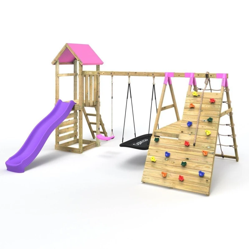Image of OutdoorToys Wooden Garden Climbing Frame with Swings, Up & Over Climbing Wall & Two Slides for Kids - San Luis Pink Pink Unisex