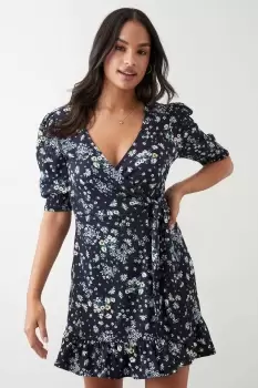 image of Navy Ditsy Print Wrap Mini Dress