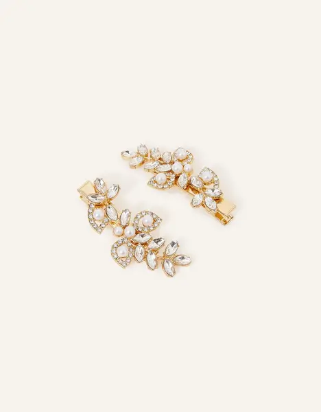 image of Accessorize Pearl and Crystal Leaf Hair Clips Set of Two Cream