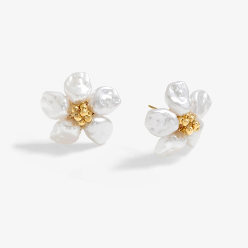 Image of Mood Gold White Pearl Flower Stud Earrings Gold
