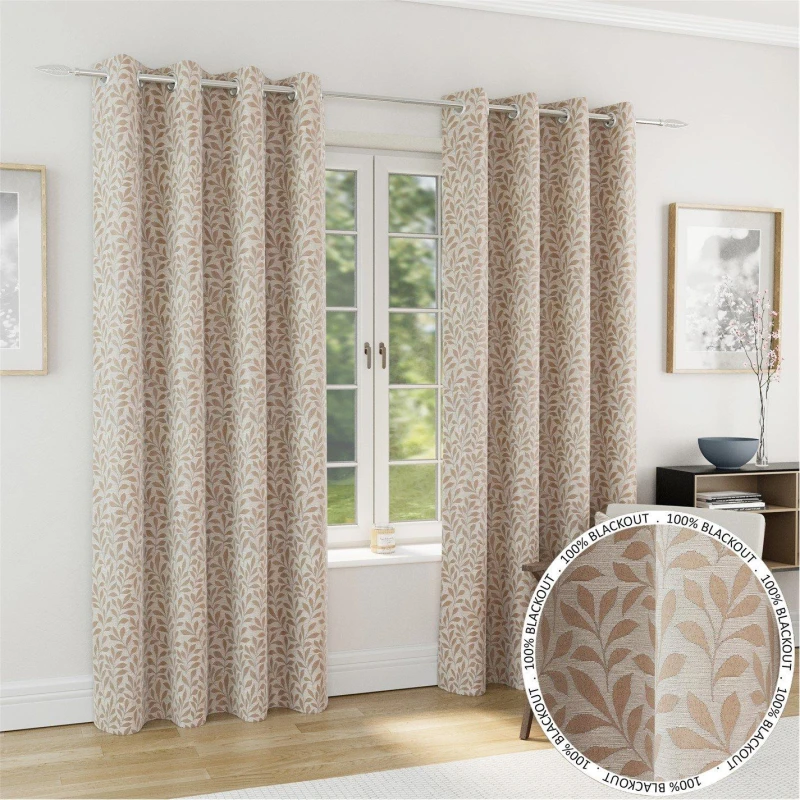Image of Enhanced Living Sherwood Blackout Jacquard Leaf Eyelet Curtains Curtains 117x137cm Beige 70566369001