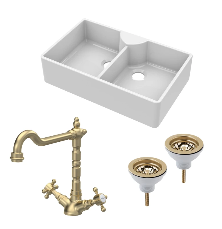 Image of Balterley Fireclay 2 Bowl Butler Sink 2 x Wastes Tap 895mm Bronze