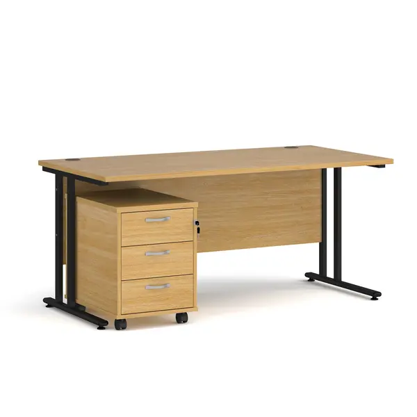 Image of Maestro 25 Straight Desk Black Frame Oak Table Top and 3 Drawer Pedestal - 1600mm