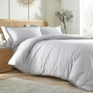 image of Claire Fringed 100% Cotton Duvet Cover Set, Grey, King - Appletree Loft