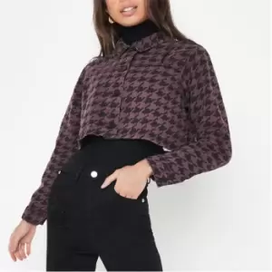 Missguided Petite Houndstooth Print Cropped Denim Jacket - Brown