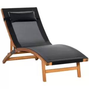 image of Outsunny Ergonomic Patio Lounge Chair Wooden Outdoor Chaise w/ 3 Adjustable Back and Removable Headrest Pillow for Garden Black