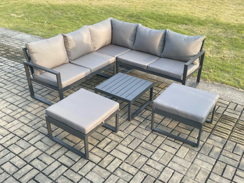Image of Fimous Outdoor Garden Furniture Set Aluminium Lounge Sofa Square Coffee Table Sets with 2 Big Footstool Dark Grey Dark Grey Unisex
