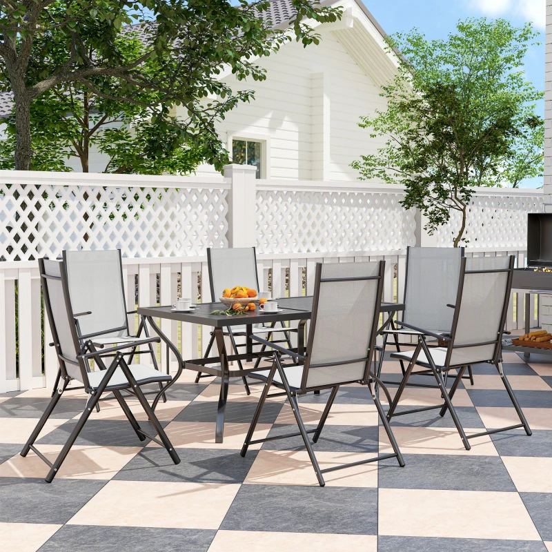 Image of Outsunny 7 PCs Garden Dining Set, Folding Chairs and Metal Top Table, Khaki Khaki