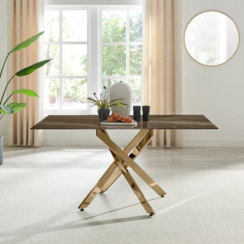Image of FurnitureboxUK FurnitureboxUK Leonardo 6-Seater Dining Table With Marble Effect Glass Top And Gold Metal Legs in Dark Brown Dark Brown One Size Unisex