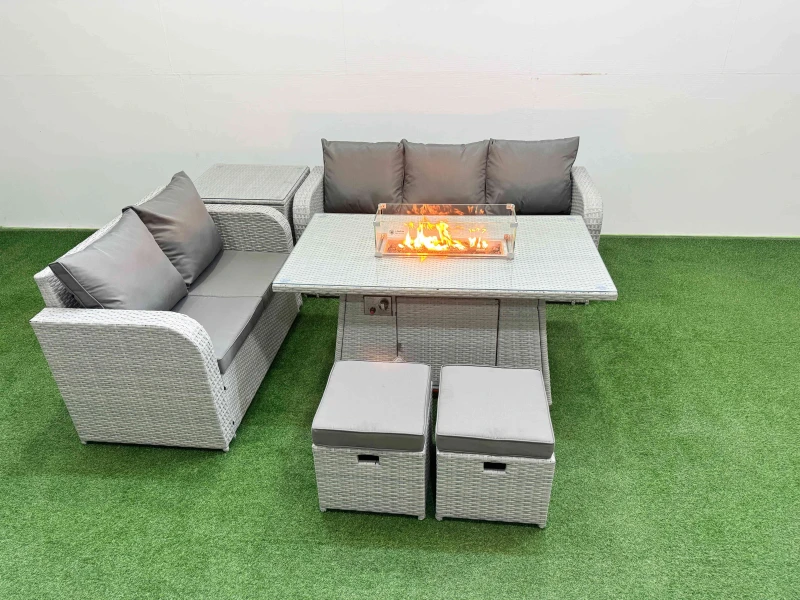 Image of Fimous 7 Seater PE Rattan Wicker Garden Furniture Patio Conservatory Sofa Set with Firepit Dining Table 3 Seater Sofa Love Sofa 2 Stools Side Table Li