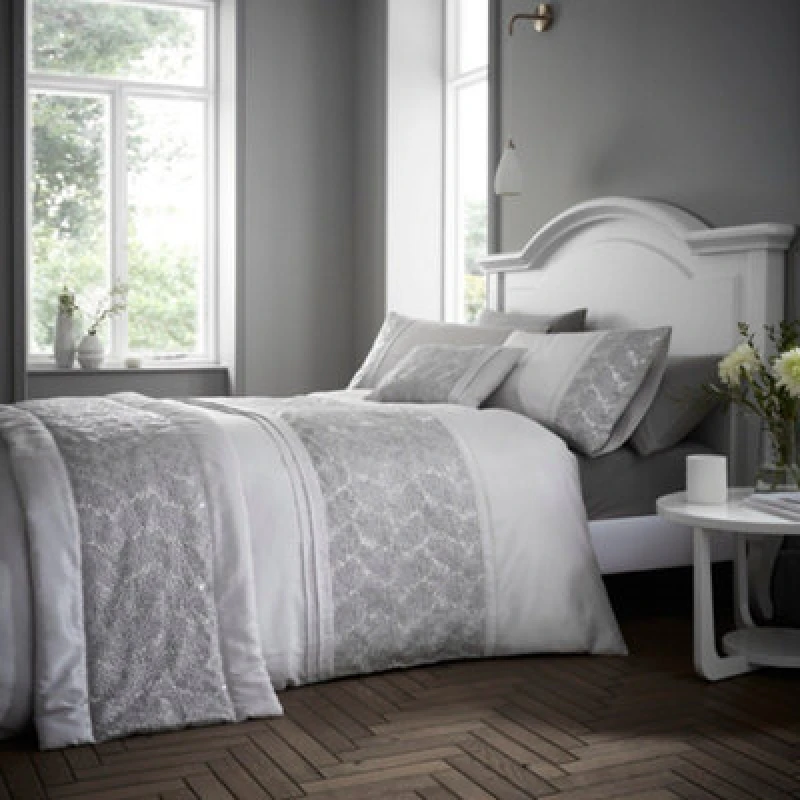 Image of Portfolio Home Rouen Geometric Silver Double Bed Linen Bedding Duvet Cover Quilt Set