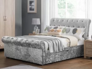 image of Julian Bowen Verona 4ft6 Double Silver Crushed Velvet Glitz Upholstered Fabric 2 Drawer Bed Frame