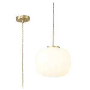 Image of Cheektowaga Medium Oval Ball Ceiling Pendant E27 Satin Gold Suspension With Frosted White Glass Globe