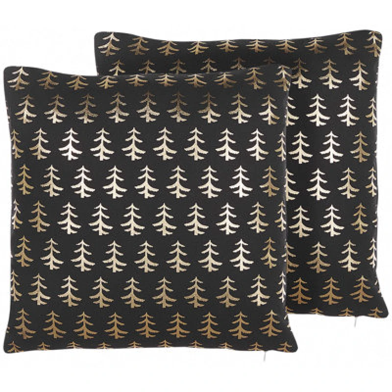 Image of Beliani Set Of 2 Decorative Cushions Leroy Cotton 45 X 45cm Black Christmas Motif