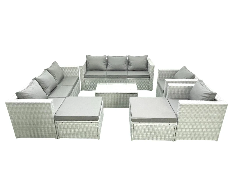 Image of Fimous Outdoor Rattan Sofa Garden Furniture Set with 2 Armchairs Oblong Coffee Table 2 Big Footstools Light Grey Mixed Light Grey