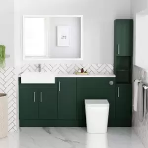 Image of 1800mm - 2100mm Green Toilet and Sink Unit with Tall Cabinet Marble Effect Worktop and Chrome Fittings - Coniston