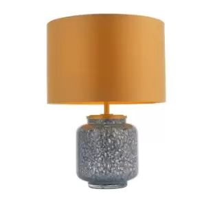 Image of Cobalt Glass Base Table Lamp Light & Gold Fabric Shade - Antique Brass Metalwork