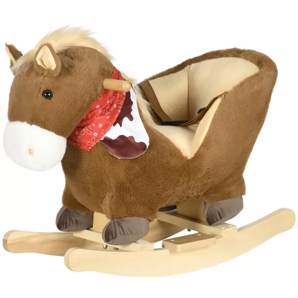 Image of HOMCOM Kids Rocking Horse, Plush Baby Rocking Chair with Safety Harness, Realistic Sound, Foot Pedals, for Toddler Aged 18-36 Months, Brown