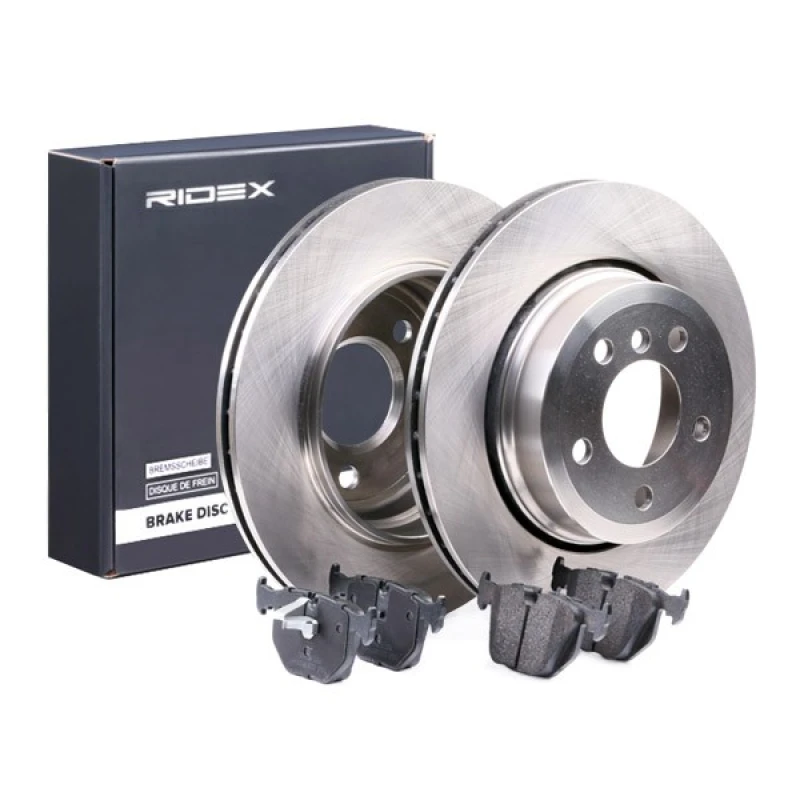 Image of RIDEX 3405B0290 Brake disc and pads set Rear Axle, Brake Disc Type: Vented, incl. wear warning contact, with anti-squeak plate Brake Set,disc brakes