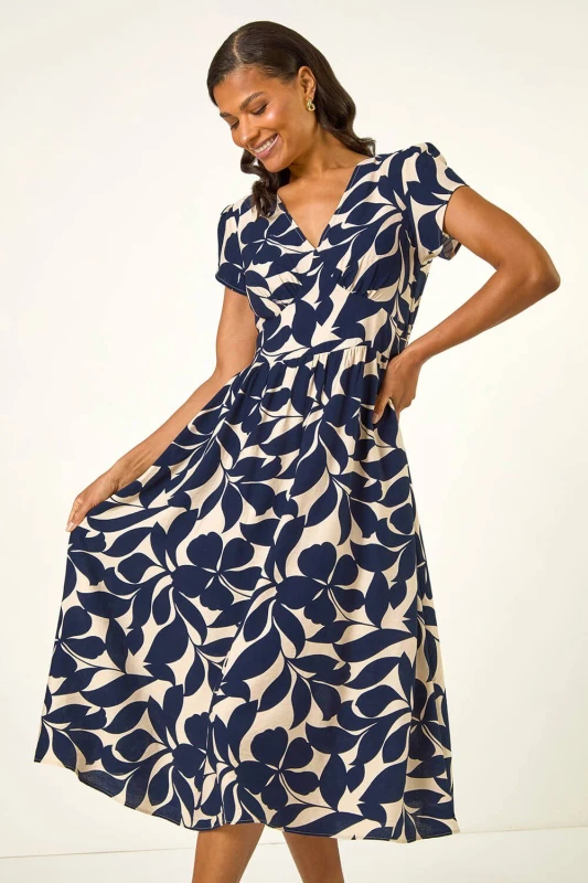 Image of Roman Womens Leaf Print V-Neck Midi Dress in Navy Size: 10 Navy Female 10