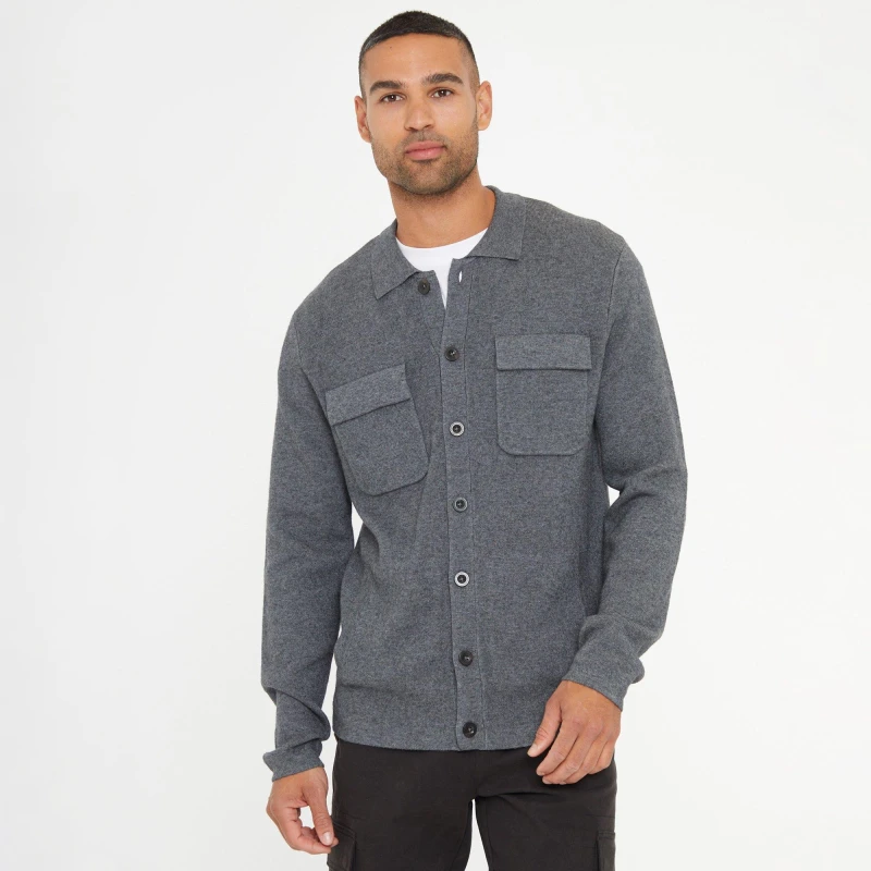 Image of Threadbare 'Sunnyfield' Long Sleeve Knitted Shirt Charcoal