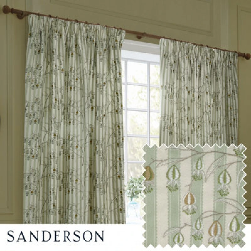 Image of Sanderson Sanderson Chinese Lanterns Embroidered Room Darkening Pencil Pleat Curtains in Light Green Size: 117cm width x 183cm drop Light Green 117c